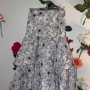 Tiered White and Navy Floral Midi Skirt